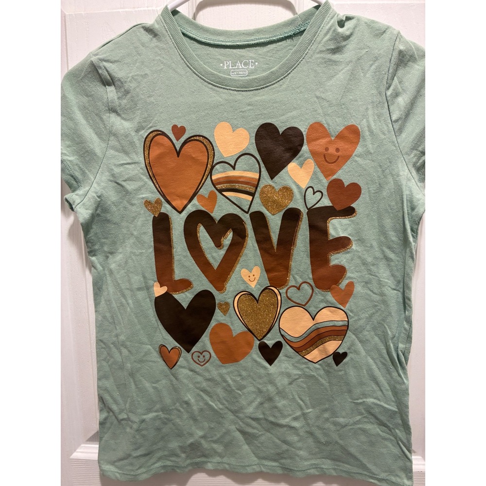 The Childrens Place Girls Sage Green Love Heart Graphic Tee Shirt Size L 10/12